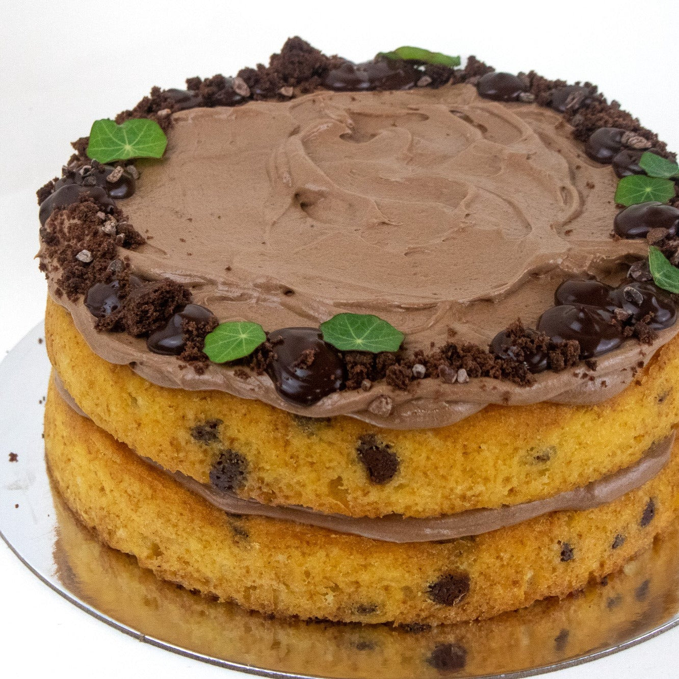 image of the top of the chocolate chip cake, showing the icing on top