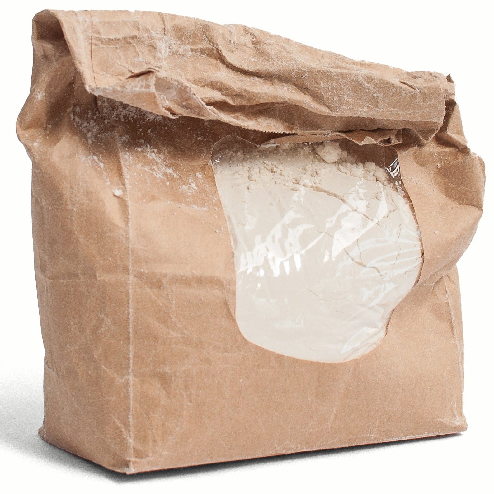 image of a brown bag, showing white flour through a clear plastic panel 