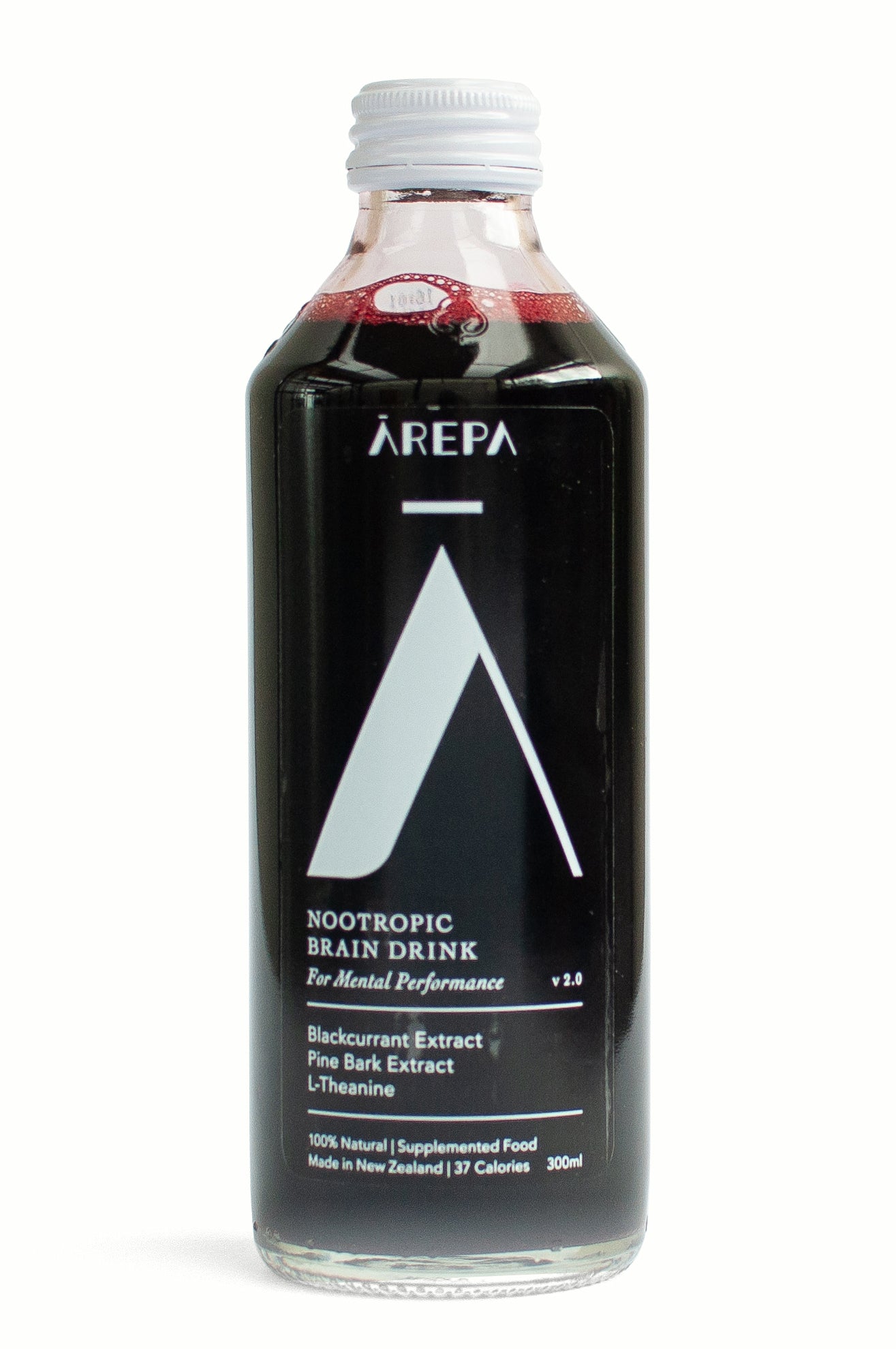 300ml bottle of ārepa beverage. dark purple in colour 