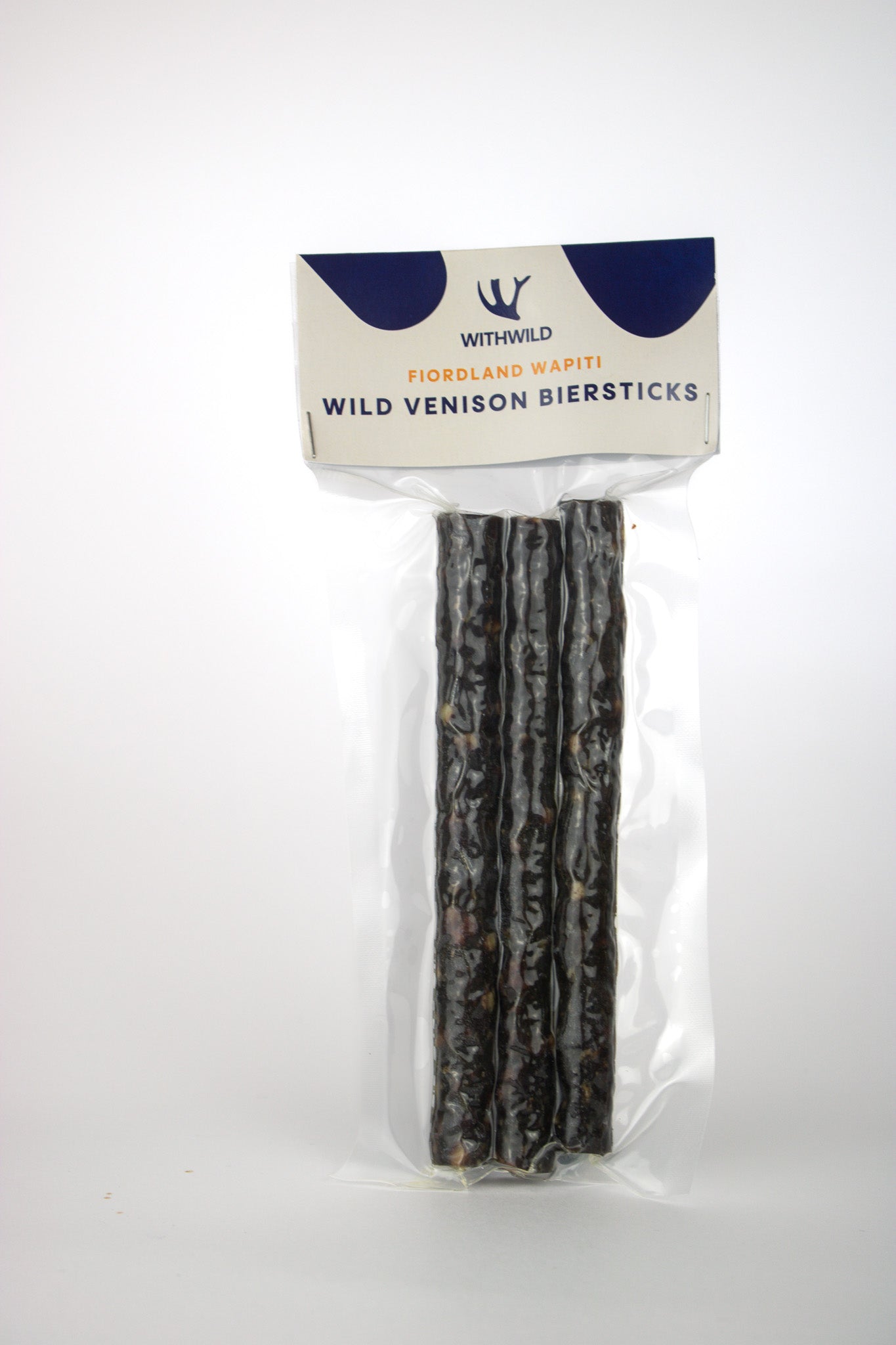 image of 3 meat sticks that have been made using venison. the packaging is clear with a white and blue label 