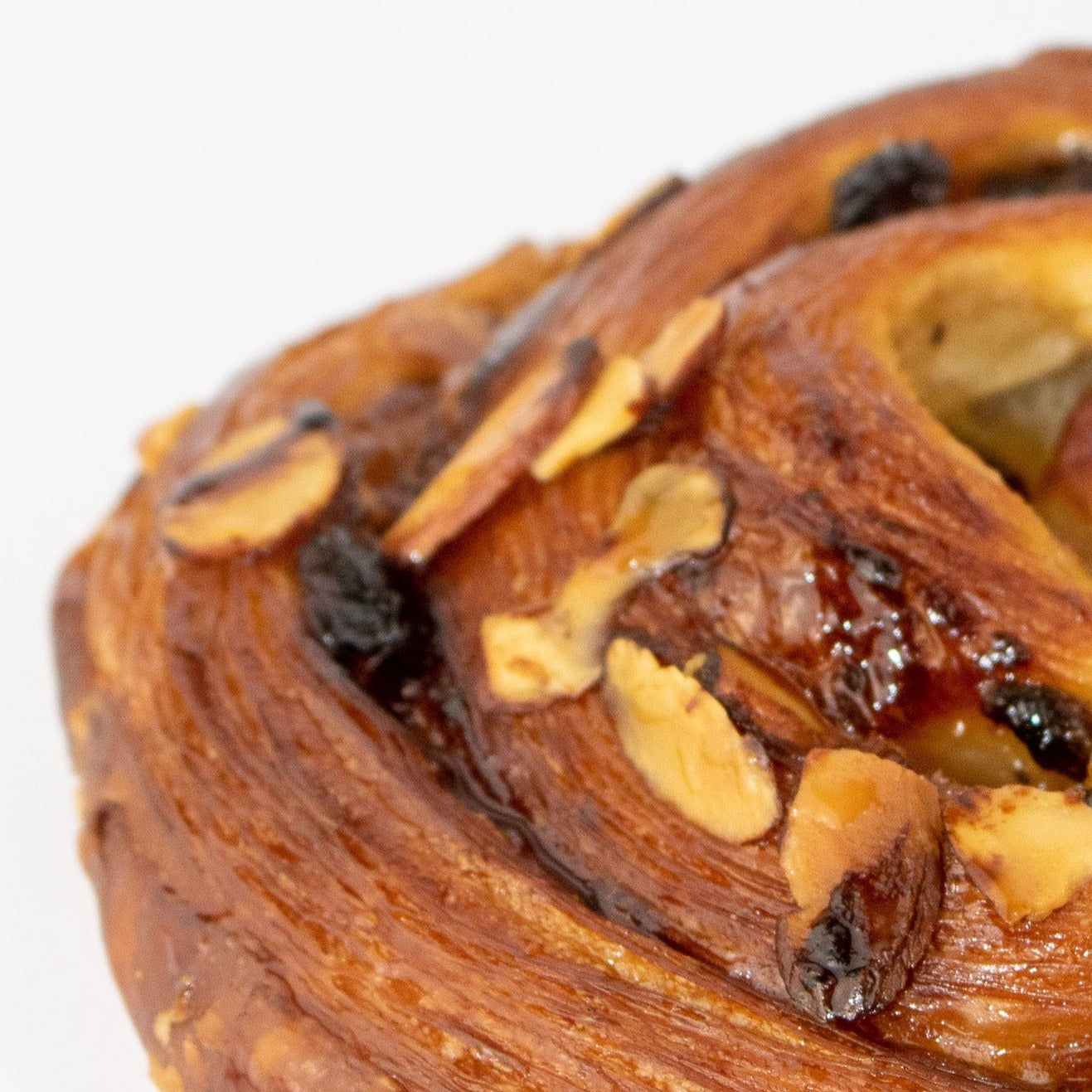 a close up image of the pastry. it shows the detail with almonds and raisins