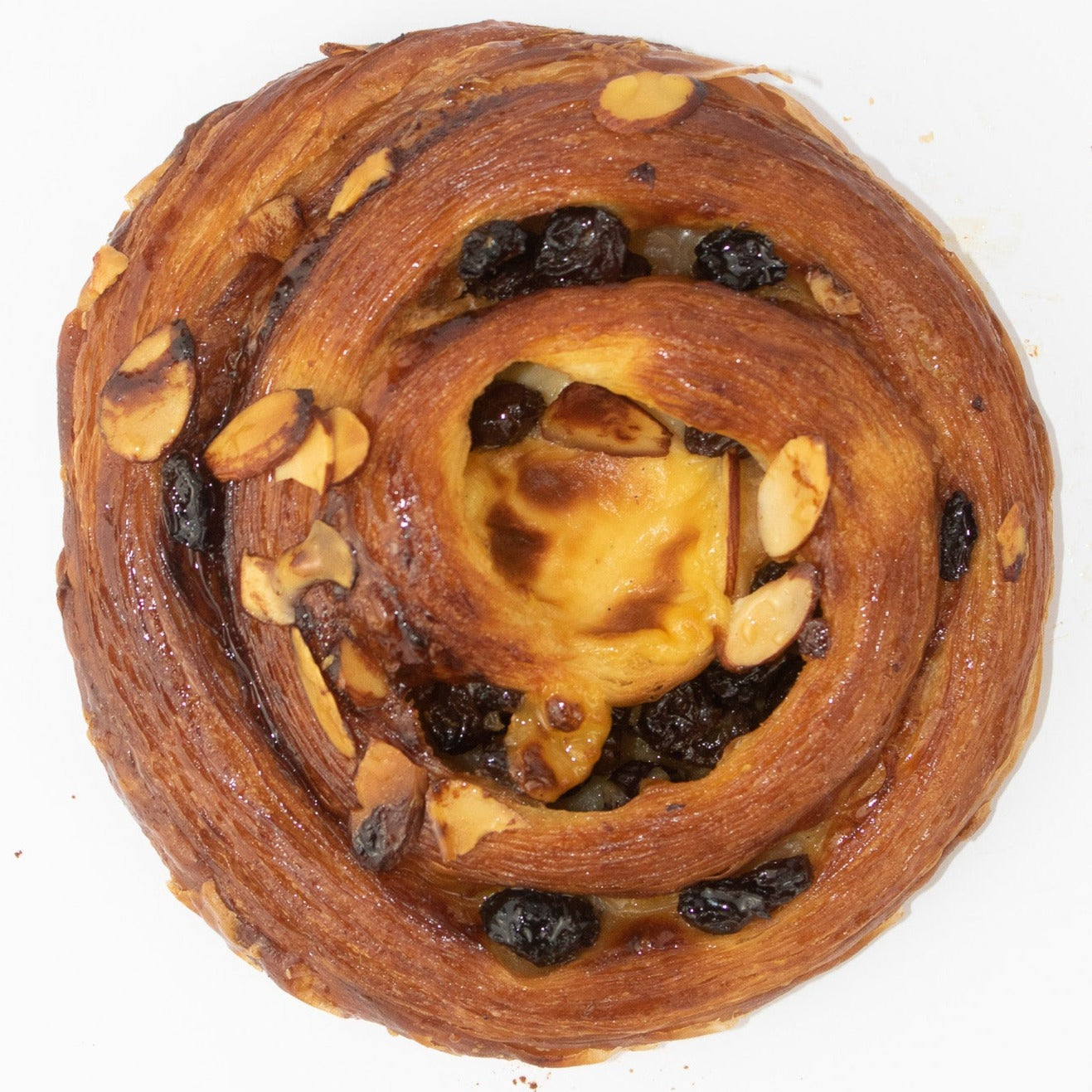 Image of a circular pastry. The pastry has raisins and custard throughout and is golden brown